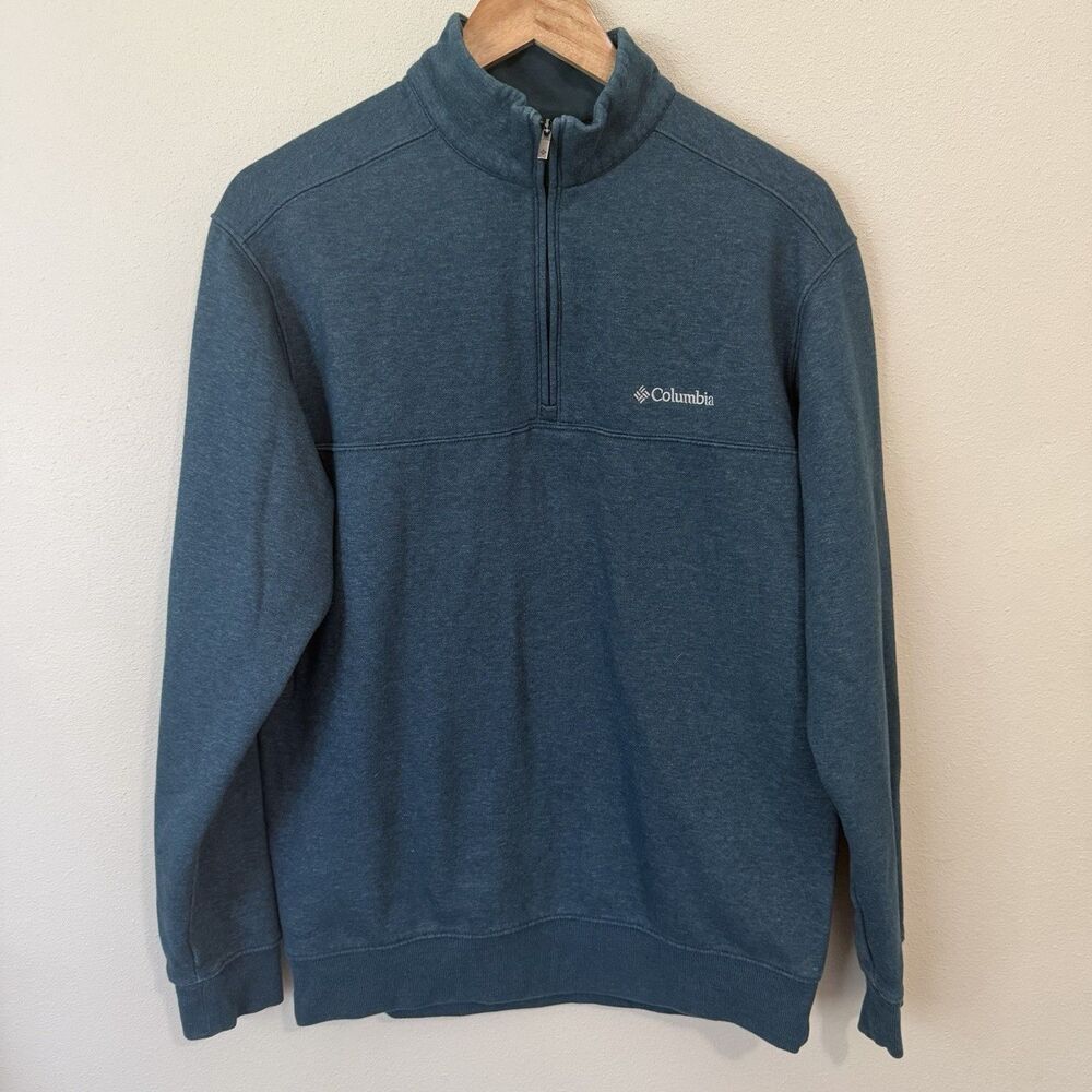 Columbia Mens M 1/4 Zip Pullover Sweatshirt Cotton Blend Blue Teal Long Sleeve